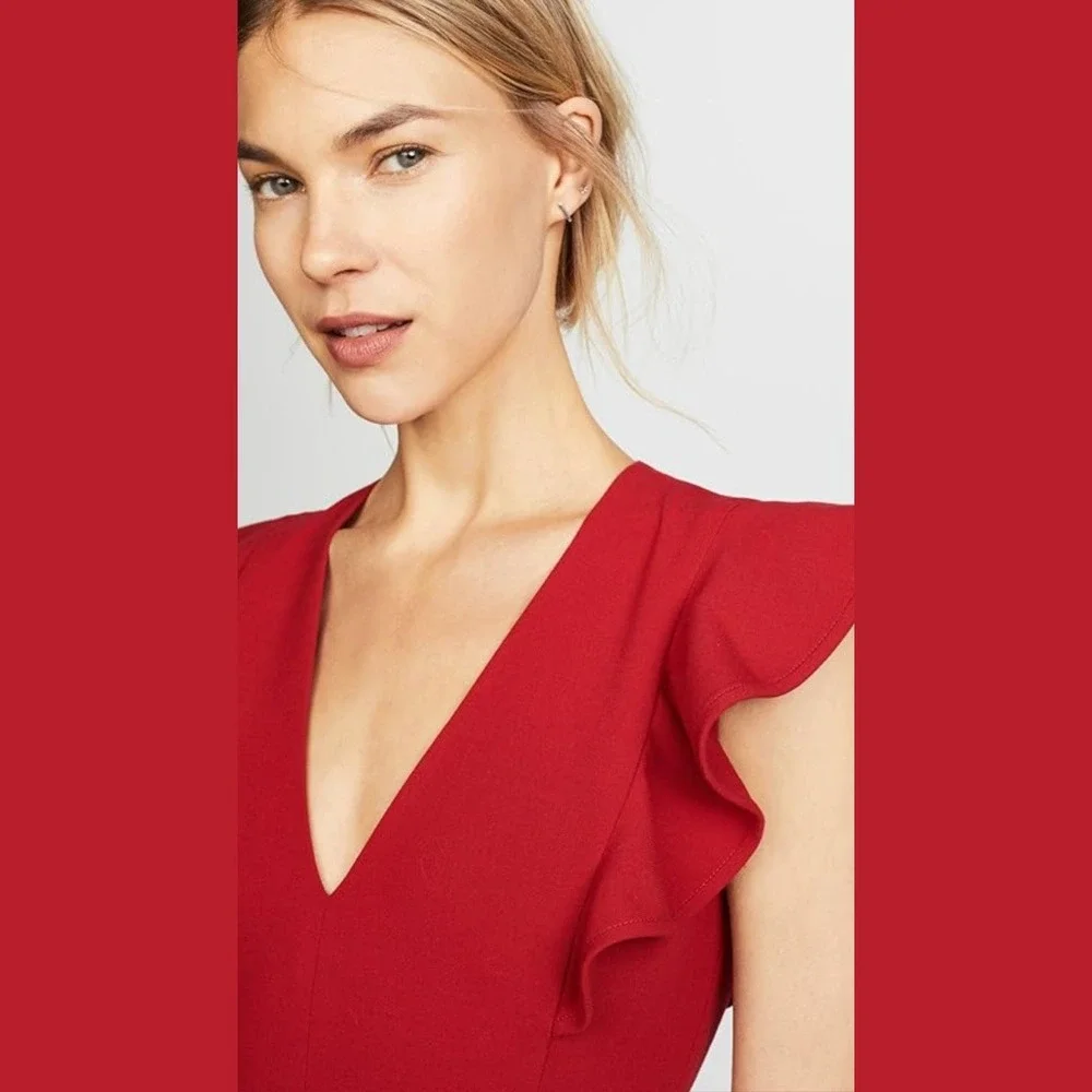 Black Halo Womens Size 8 Jumpsuit Red Ruffle Shoulder Formal Cocktail City Sleek